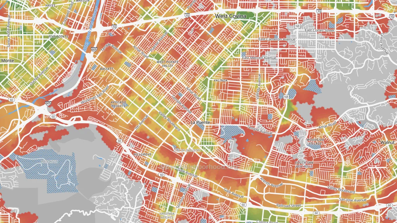 Walk Grade map of La Puente, CA, walkable areas in green and car-dependent areas in red