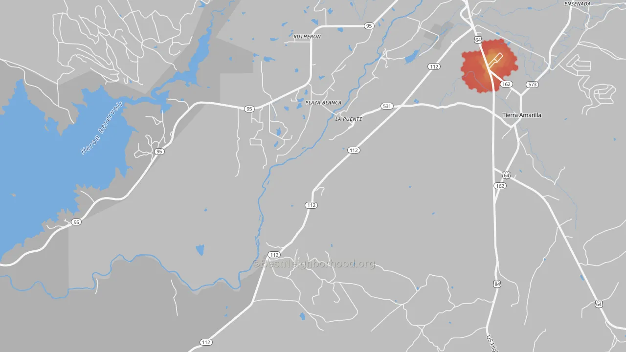 Walk Grade map of La Puente, NM, walkable areas in green and car-dependent areas in red