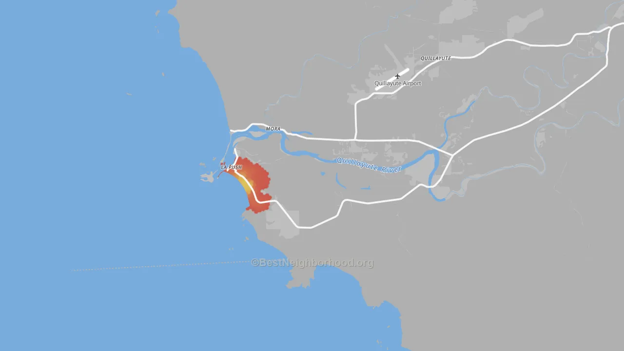 Walk Grade map of La Push, WA, walkable areas in green and car-dependent areas in red
