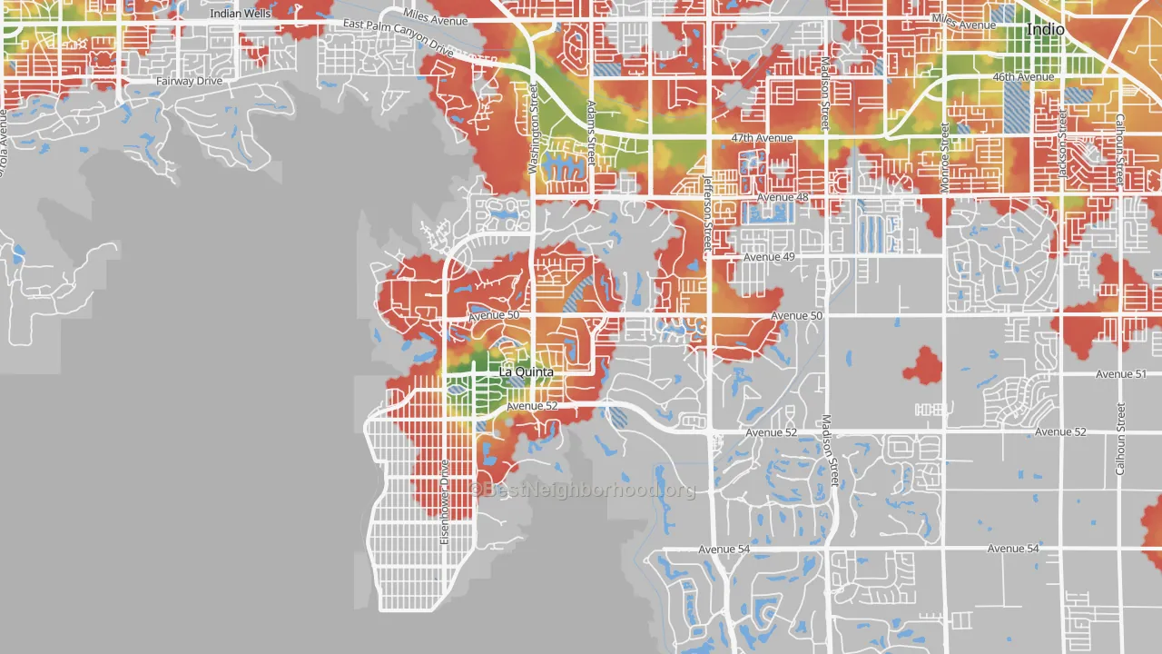 Walk Grade map of La Quinta, CA, walkable areas in green and car-dependent areas in red