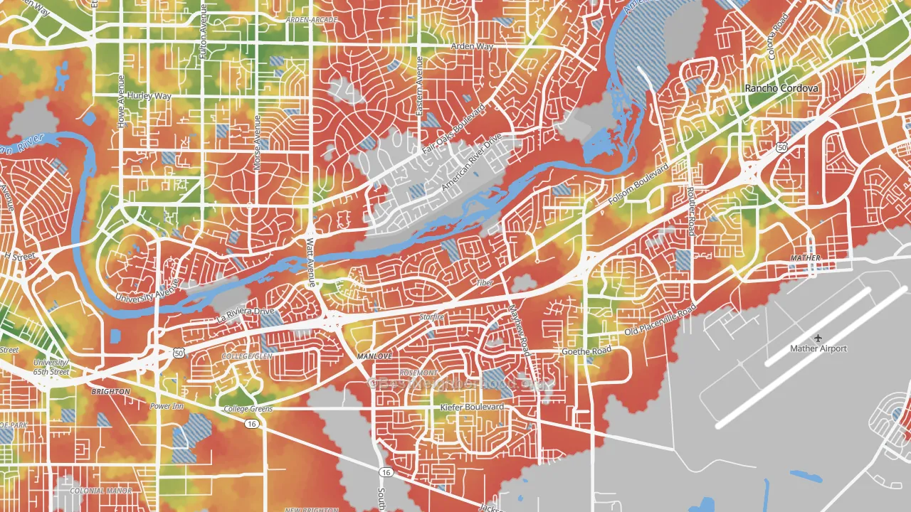 Walk Grade map of La Riviera, CA, walkable areas in green and car-dependent areas in red