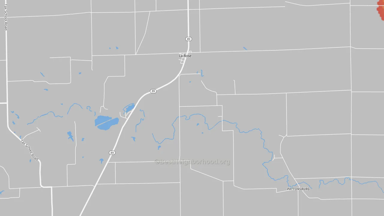 Walk Grade map of La Rose, IL, walkable areas in green and car-dependent areas in red
