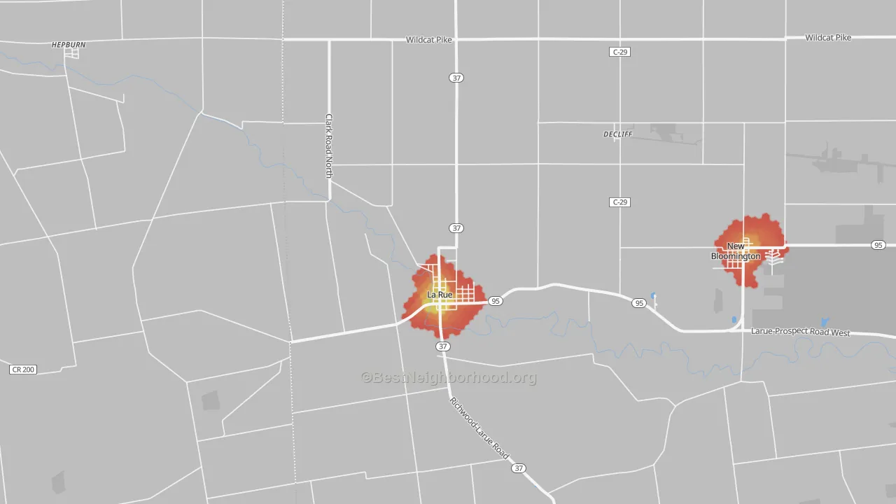 Walk Grade map of La Rue, OH, walkable areas in green and car-dependent areas in red