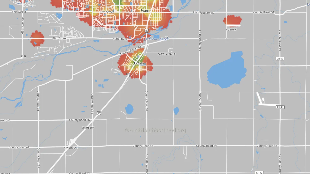 Walk Grade map of La Salle, CO, walkable areas in green and car-dependent areas in red