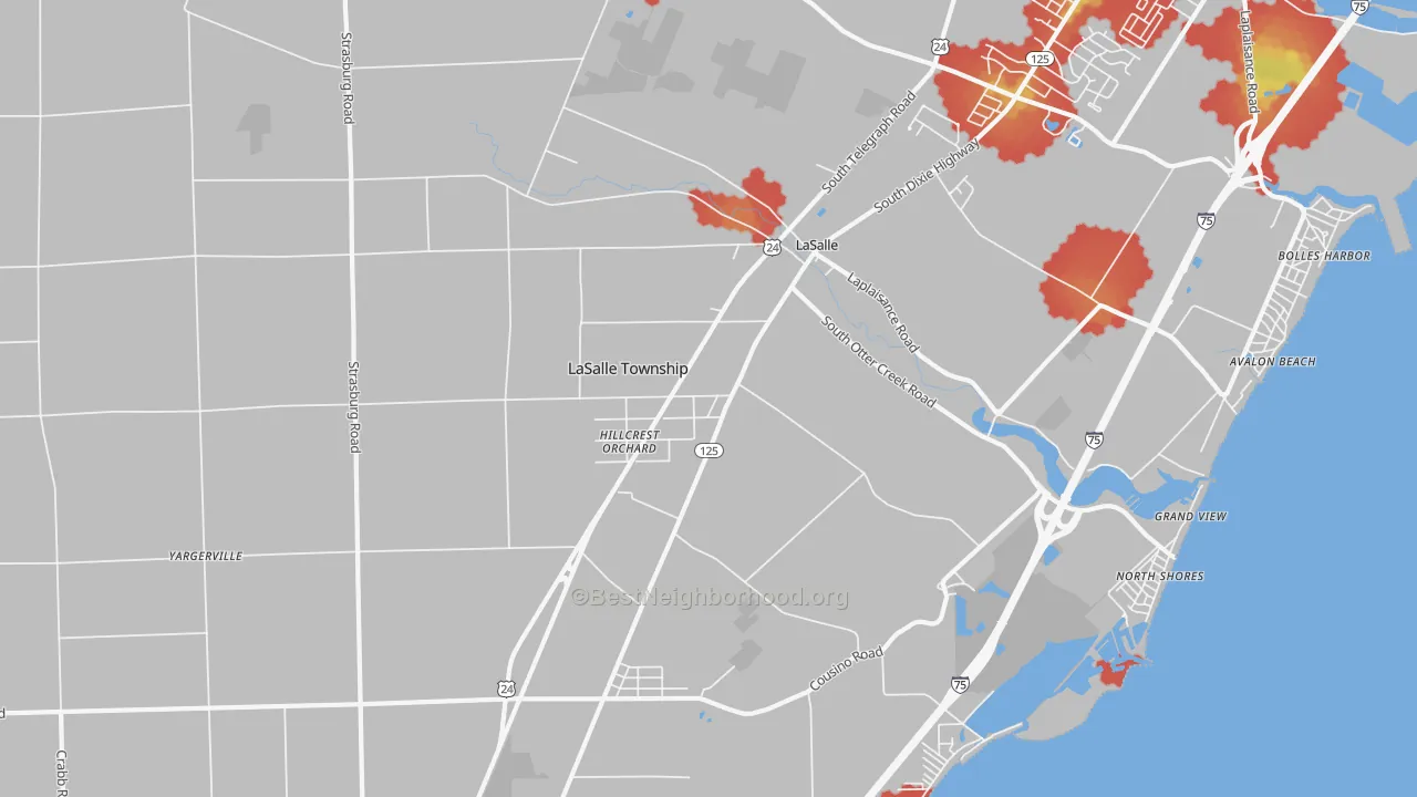 Walk Grade map of La Salle, MI, walkable areas in green and car-dependent areas in red