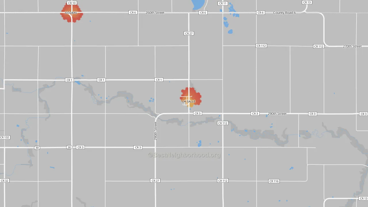 Walk Grade map of La Salle, MN, walkable areas in green and car-dependent areas in red