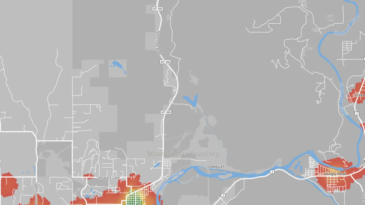 Walk Grade map of La Salle, MT, walkable areas in green and car-dependent areas in red