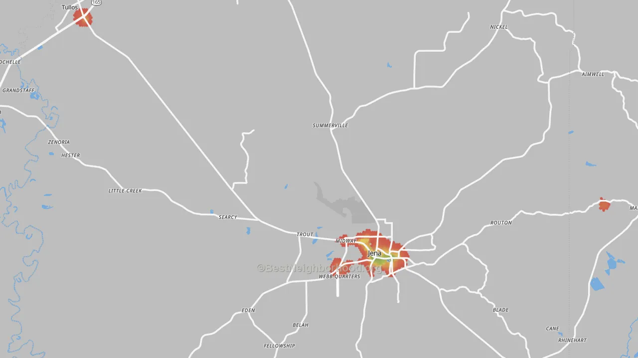 Walk Grade map of LaSalle Parish, LA, walkable areas in green and car-dependent areas in red