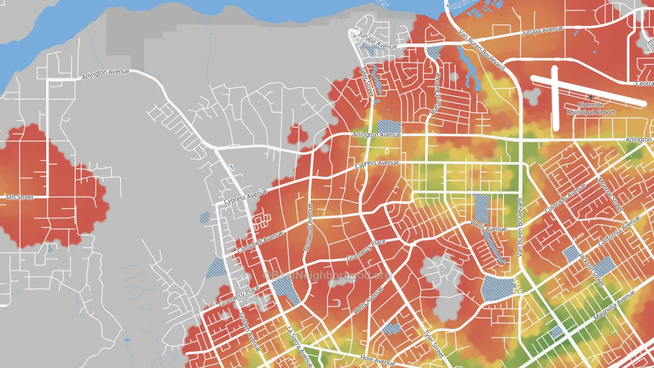 Walk Grade map of La Sierra Acres, Riverside, CA, walkable areas in green and car-dependent areas in red