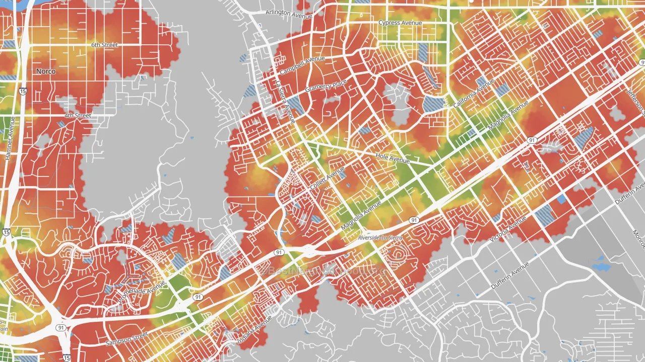 Walk Grade map of La Sierra, Riverside, CA, walkable areas in green and car-dependent areas in red