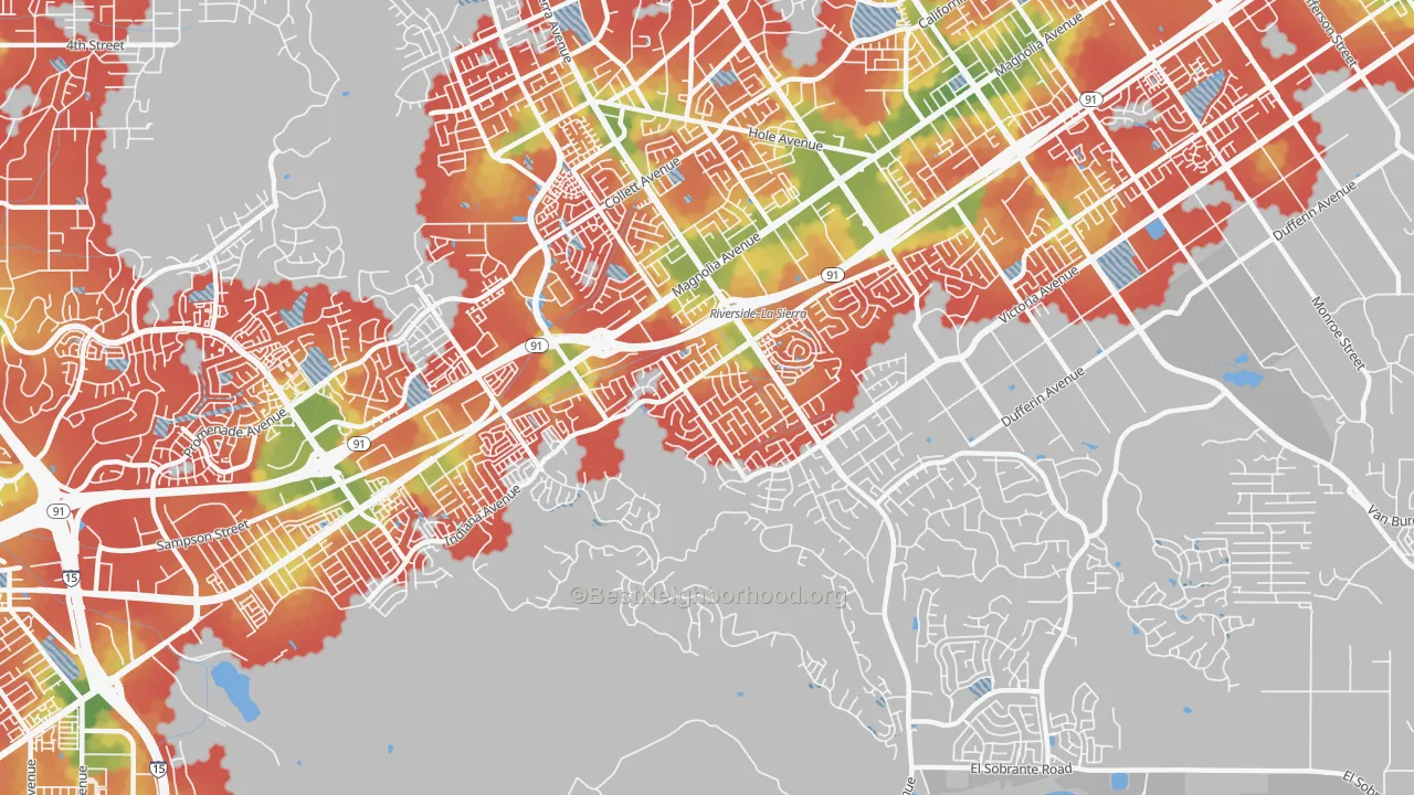 Walk Grade map of La Sierra South, Riverside, CA, walkable areas in green and car-dependent areas in red