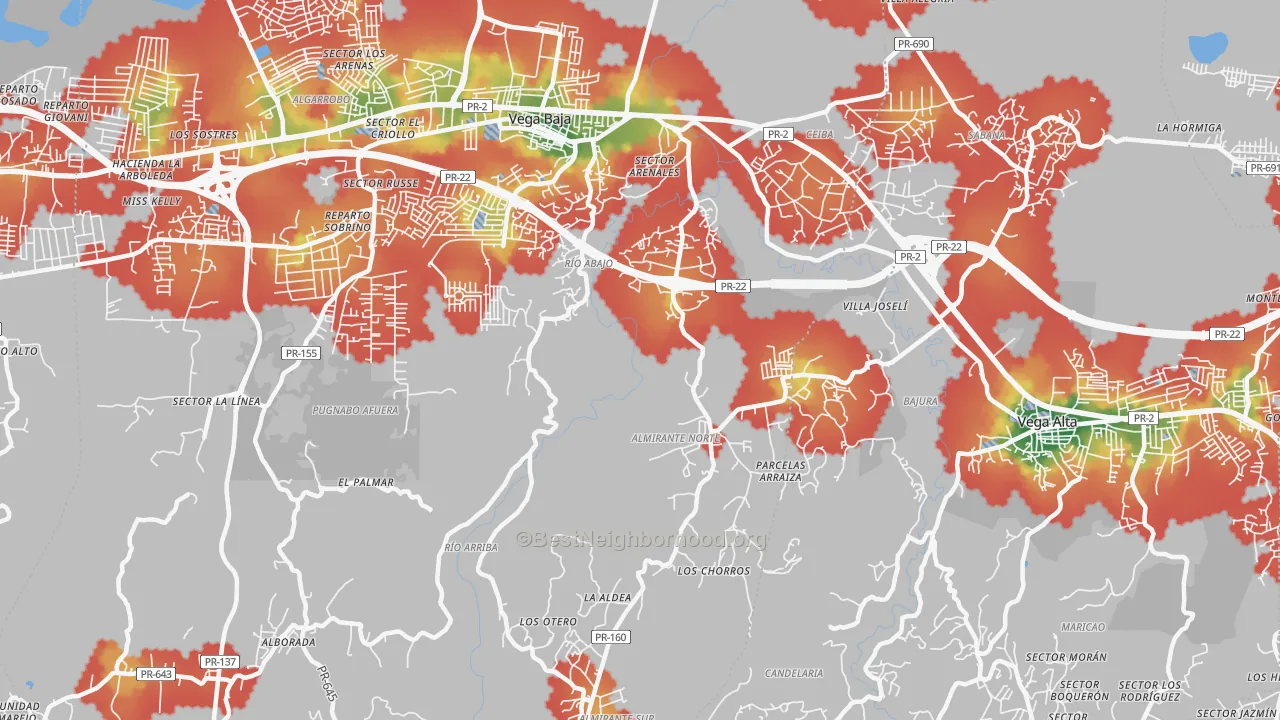 Walk Grade map of La Trocha, PR, walkable areas in green and car-dependent areas in red