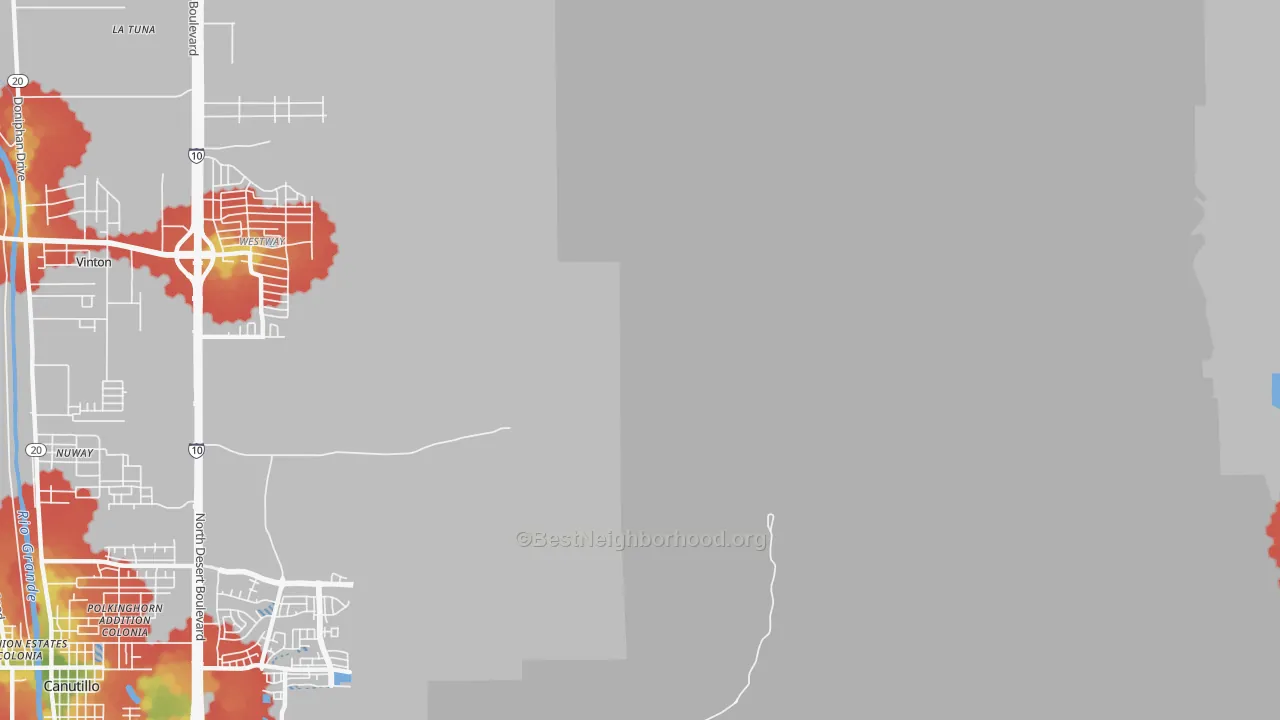 Walk Grade map of La Tuna, TX, walkable areas in green and car-dependent areas in red