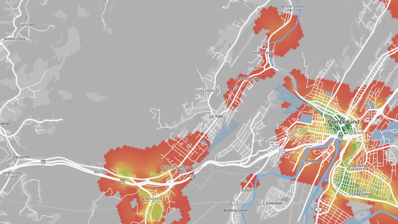 Walk Grade map of La Vale, MD, walkable areas in green and car-dependent areas in red