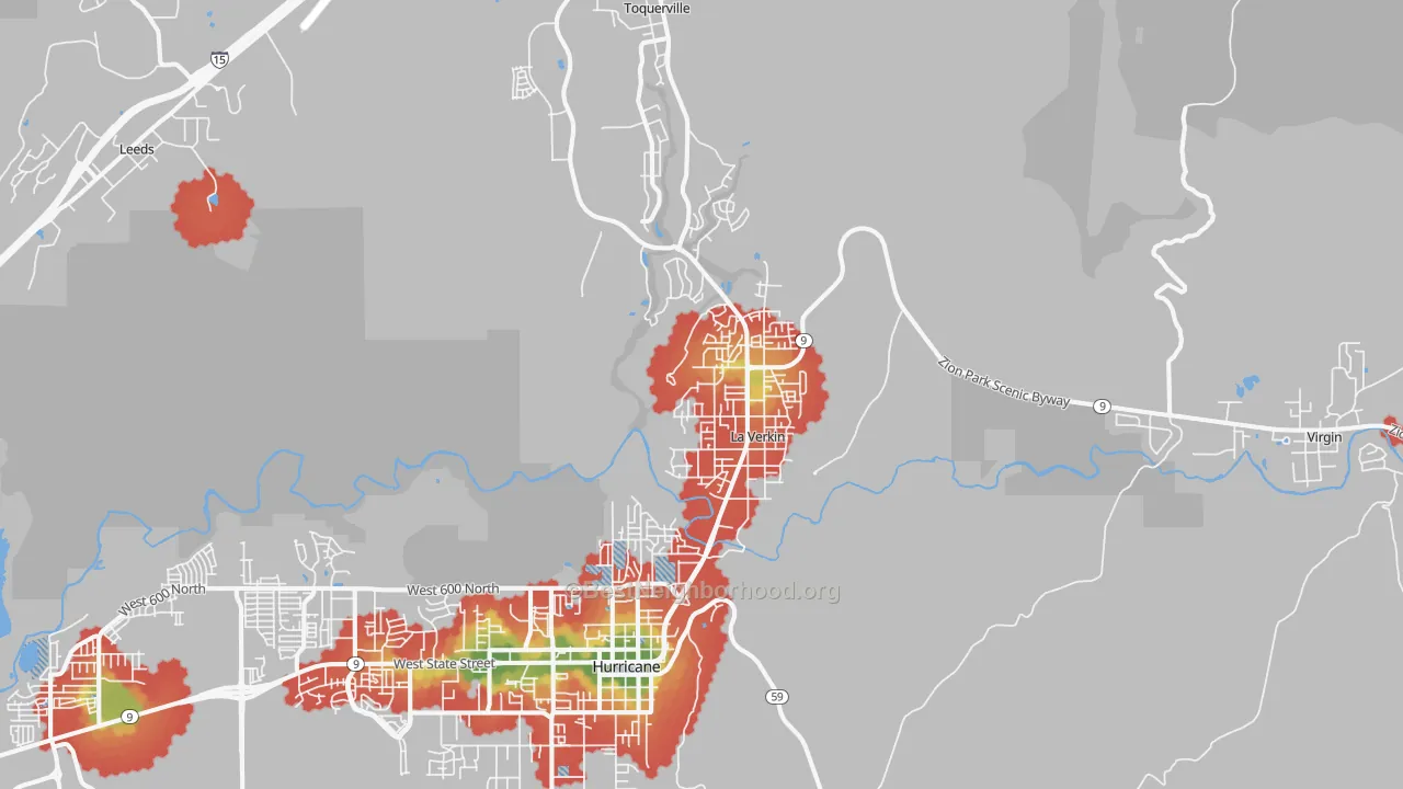 Walk Grade map of La Verkin, UT, walkable areas in green and car-dependent areas in red