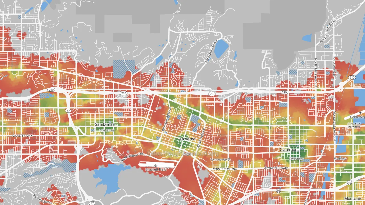 Walk Grade map of La Verne, CA, walkable areas in green and car-dependent areas in red