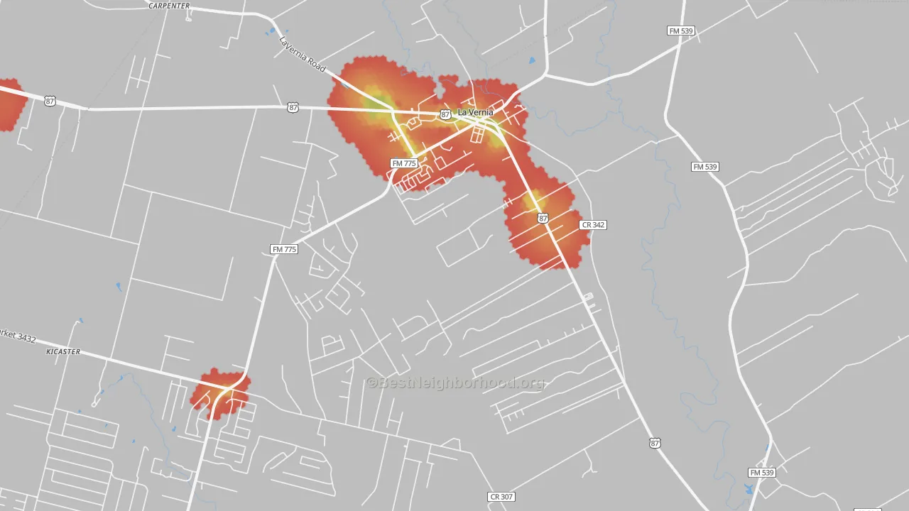 Walk Grade map of La Vernia, TX, walkable areas in green and car-dependent areas in red