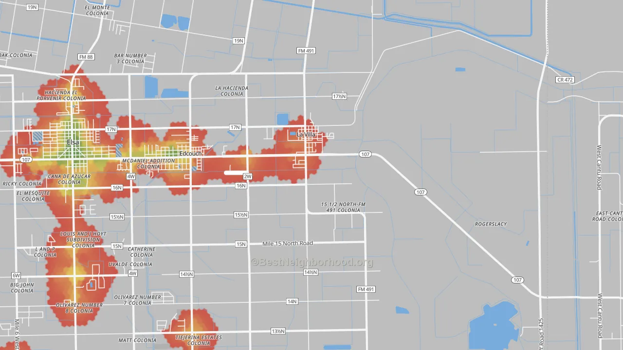 Walk Grade map of La Villa, TX, walkable areas in green and car-dependent areas in red