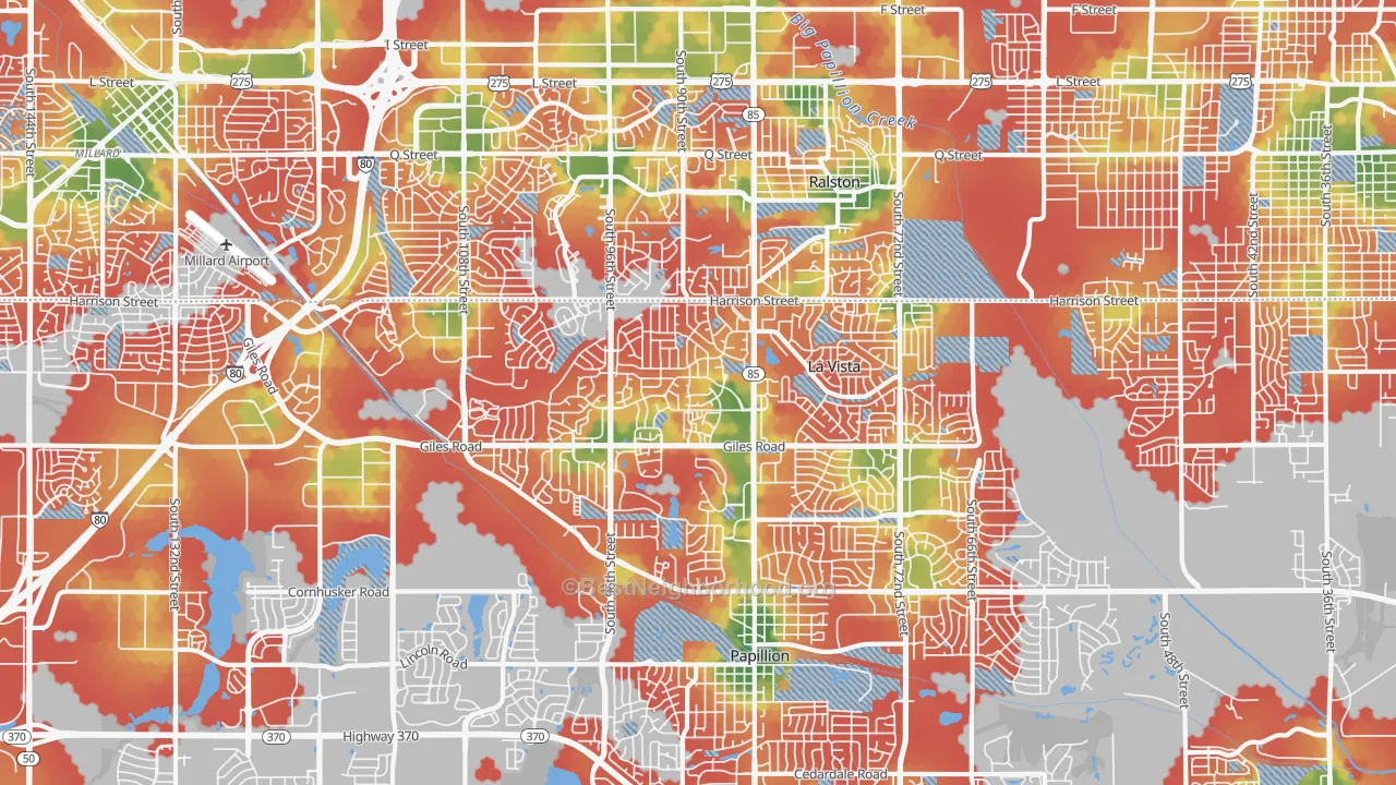 Walk Grade map of La Vista, NE, walkable areas in green and car-dependent areas in red