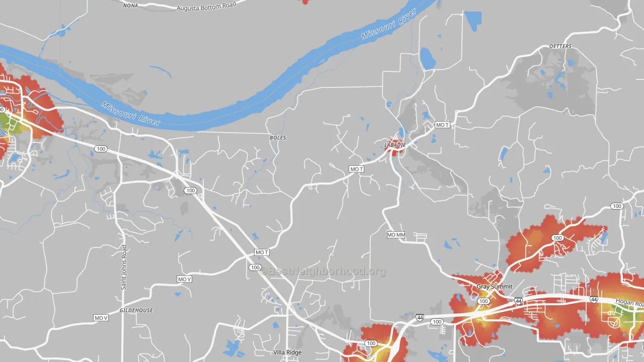 Walk Grade map of Labadie, MO, walkable areas in green and car-dependent areas in red