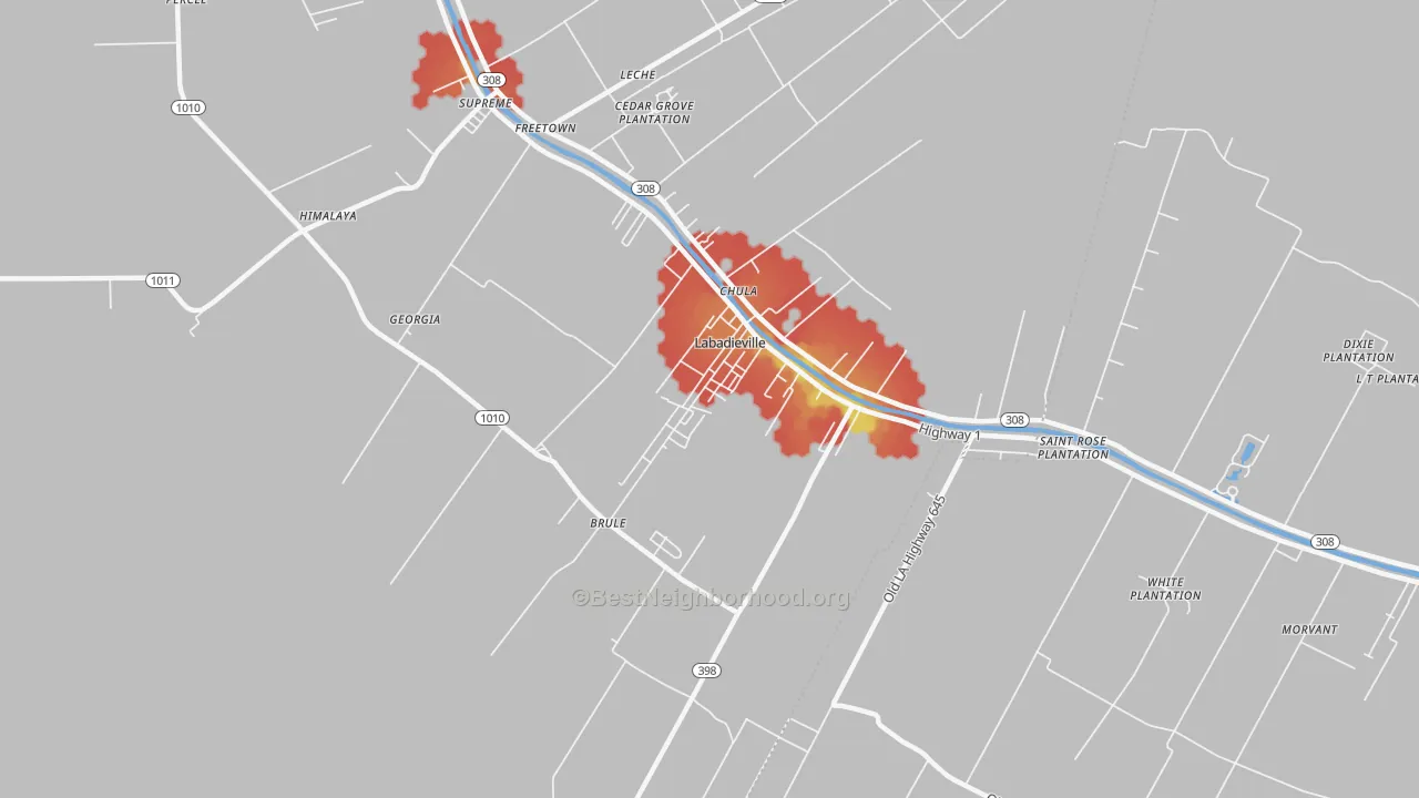 Walk Grade map of Labadieville, LA, walkable areas in green and car-dependent areas in red