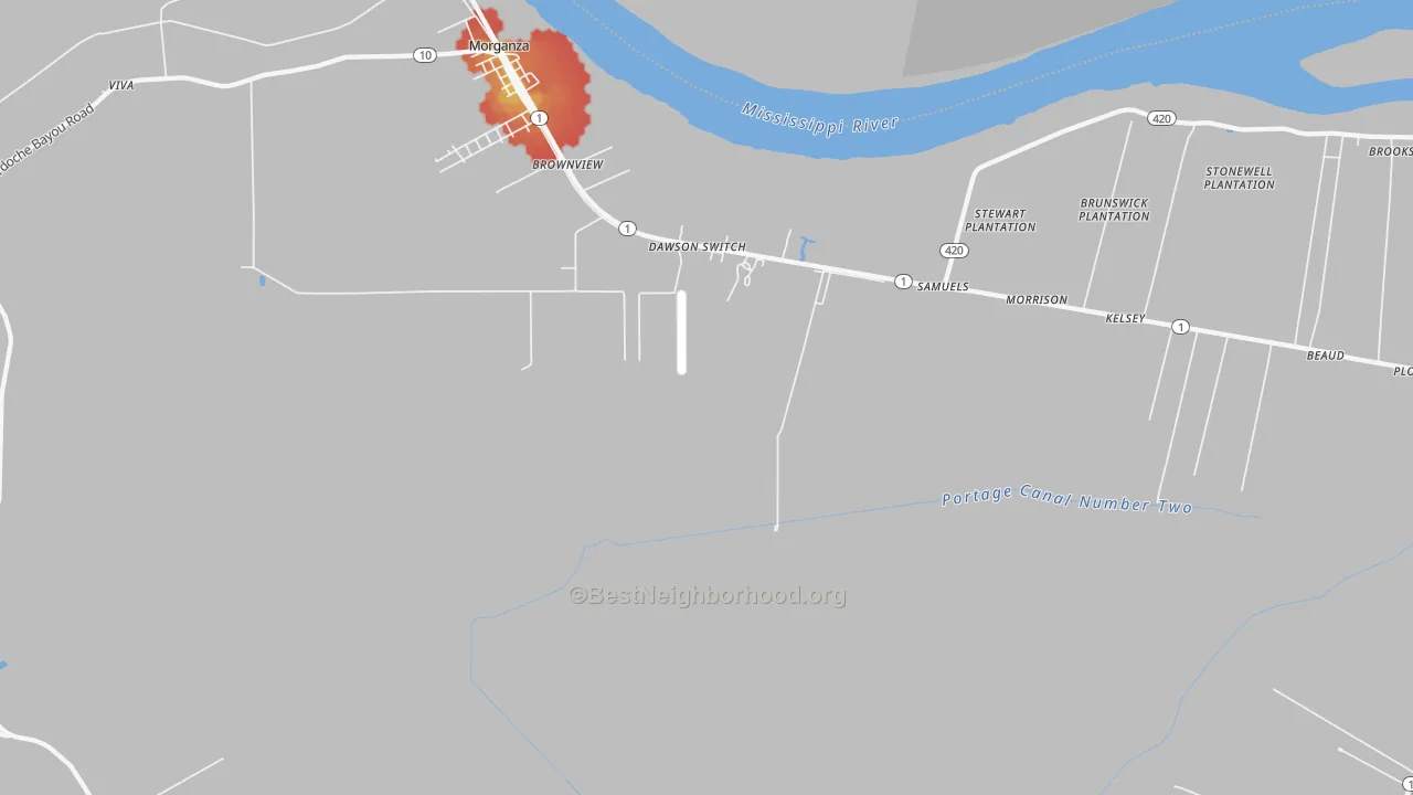 Walk Grade map of Labarre, LA, walkable areas in green and car-dependent areas in red