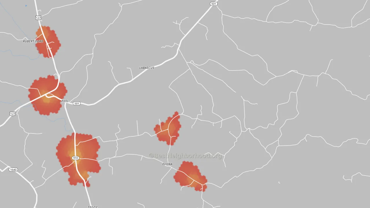 Walk Grade map of Labascus, KY, walkable areas in green and car-dependent areas in red