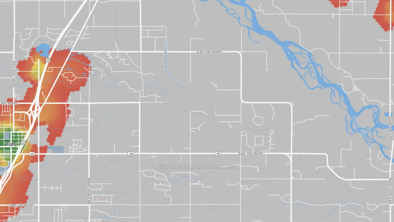 Walk Grade map of Labelle, ID, walkable areas in green and car-dependent areas in red