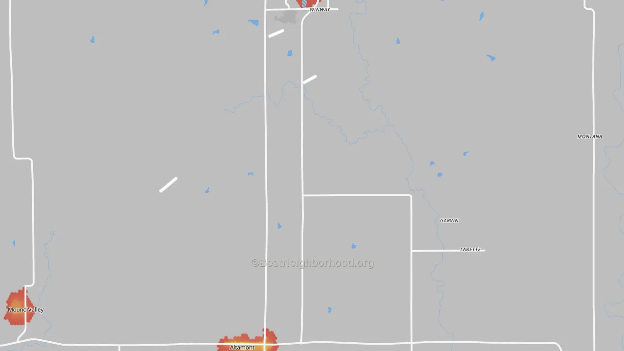 Walk Grade map of Labette County, KS, walkable areas in green and car-dependent areas in red