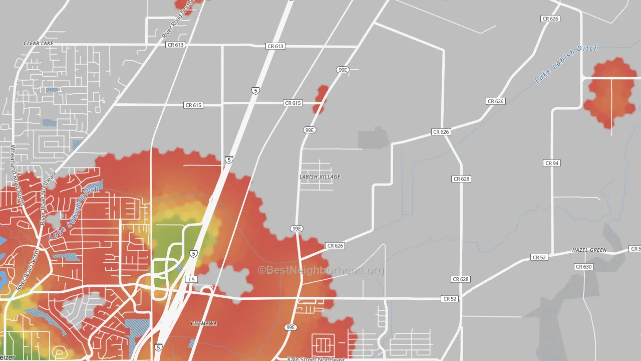 Walk Grade map of Labish Village, OR, walkable areas in green and car-dependent areas in red