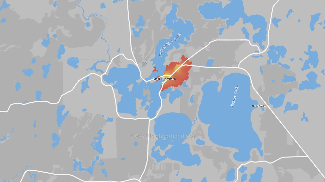 Walk Grade map of Lac Du Flambeau, WI, walkable areas in green and car-dependent areas in red