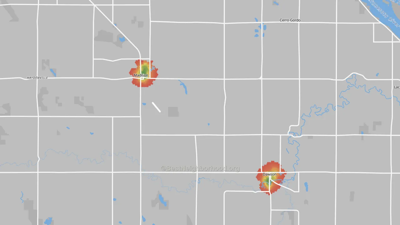 Walk Grade map of Lac qui Parle County, MN, walkable areas in green and car-dependent areas in red