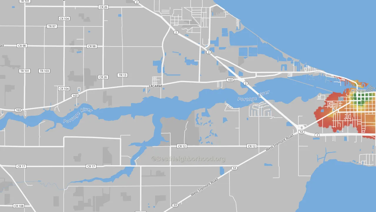 Walk Grade map of Lacarne, OH, walkable areas in green and car-dependent areas in red