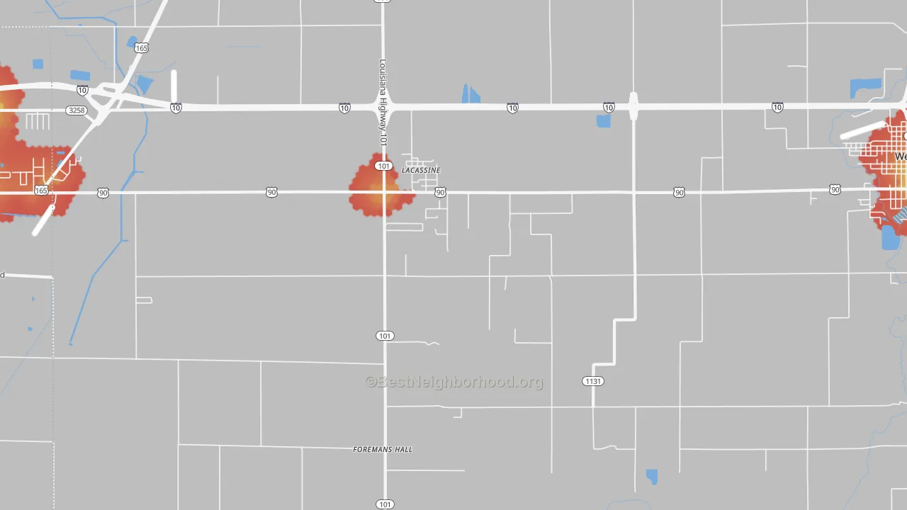 Walk Grade map of Lacassine, LA, walkable areas in green and car-dependent areas in red