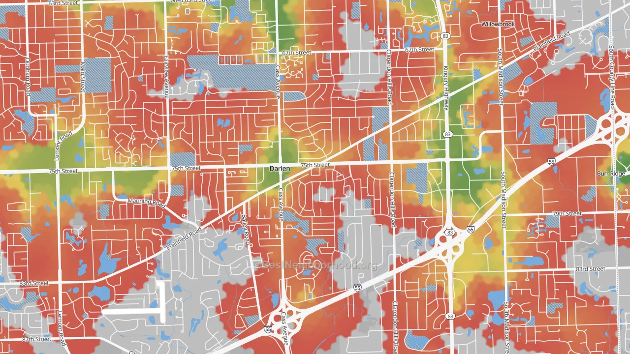 Walk Grade map of Lace, Darien, IL, walkable areas in green and car-dependent areas in red
