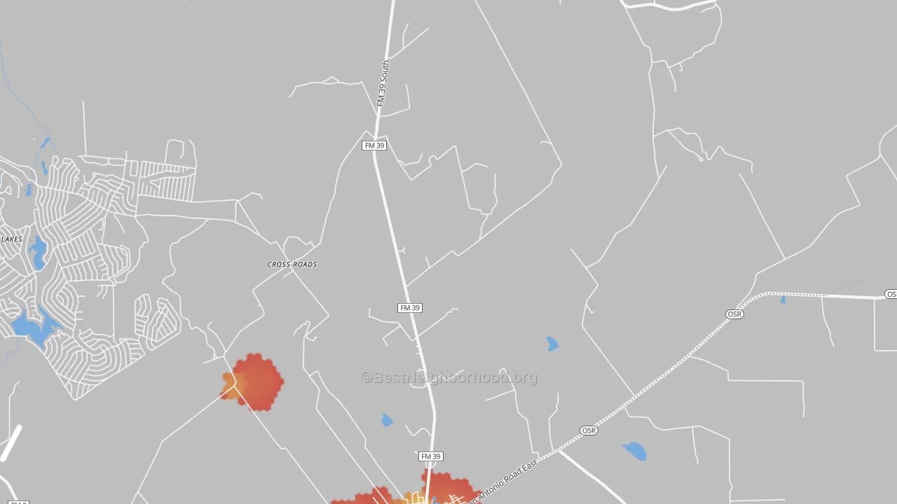 Walk Grade map of Laceola, TX, walkable areas in green and car-dependent areas in red