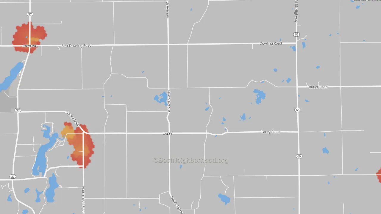 Walk Grade map of Lacey, MI, walkable areas in green and car-dependent areas in red