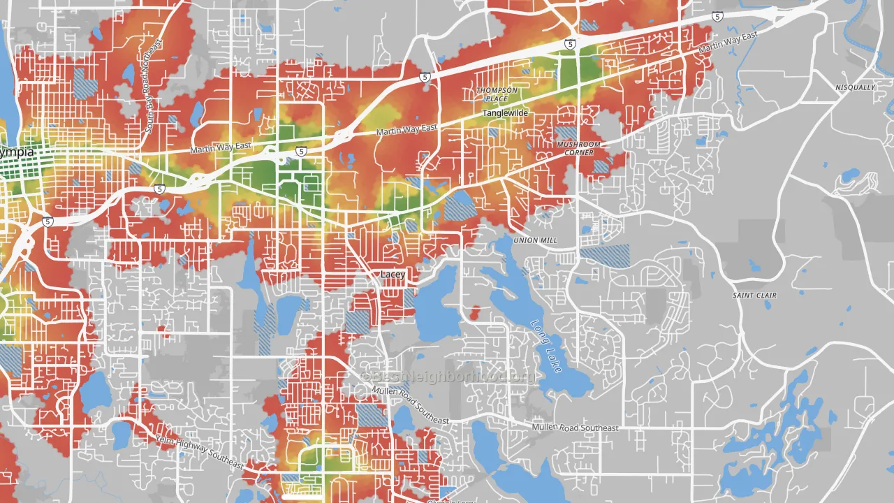 Walk Grade map of Lacey, WA, walkable areas in green and car-dependent areas in red