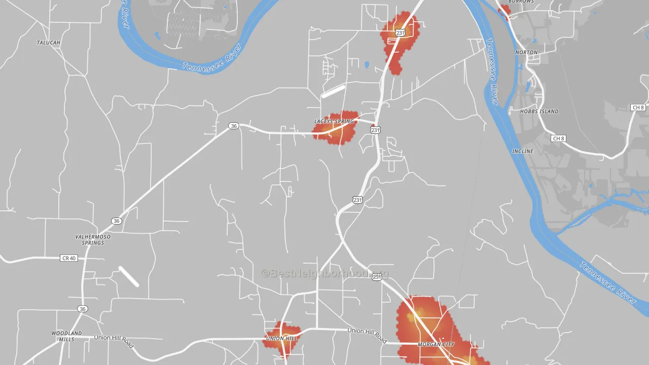 Walk Grade map of Laceys Spring, AL, walkable areas in green and car-dependent areas in red