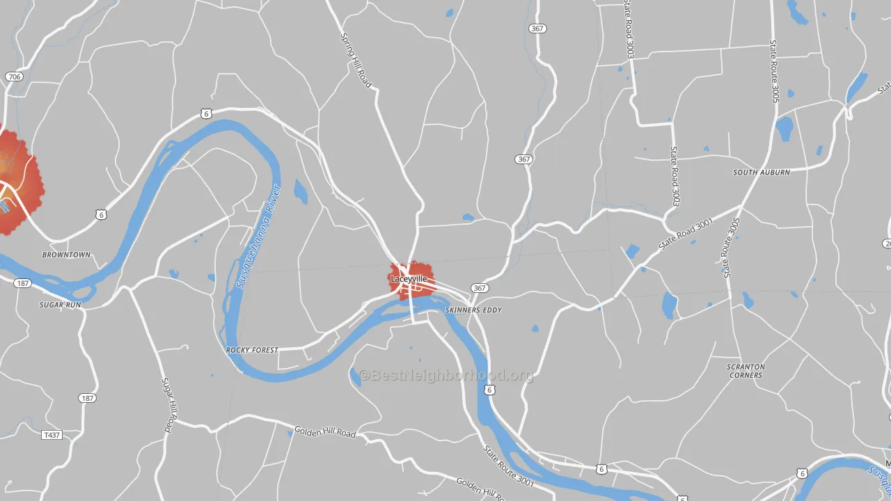 Walk Grade map of Laceyville, PA, walkable areas in green and car-dependent areas in red
