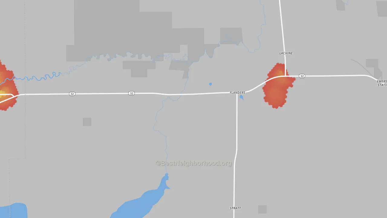 Walk Grade map of Lachine, MI, walkable areas in green and car-dependent areas in red