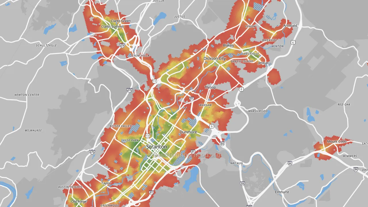 Walk Grade map of Lackawanna County, PA, walkable areas in green and car-dependent areas in red