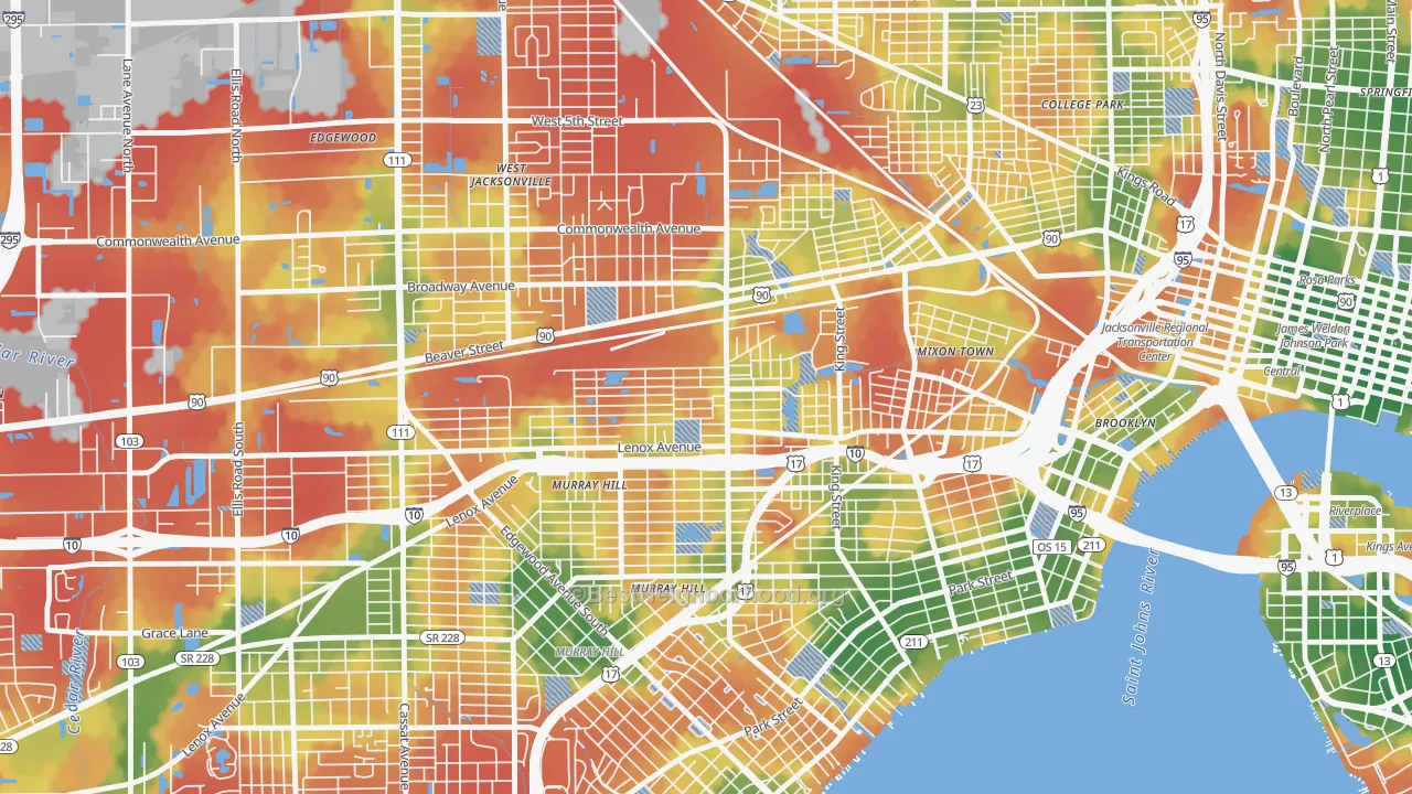 Walk Grade map of Lackawanna, Jacksonville, FL, walkable areas in green and car-dependent areas in red