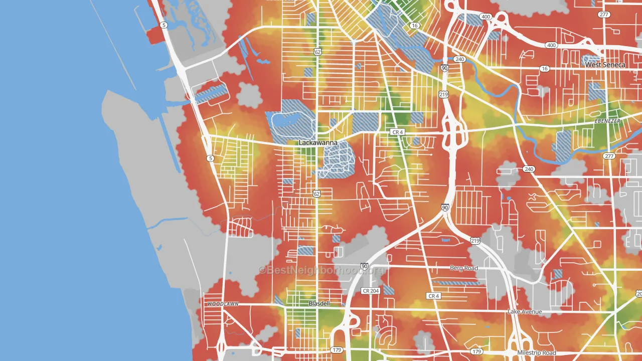 Walk Grade map of Lackawanna, NY, walkable areas in green and car-dependent areas in red