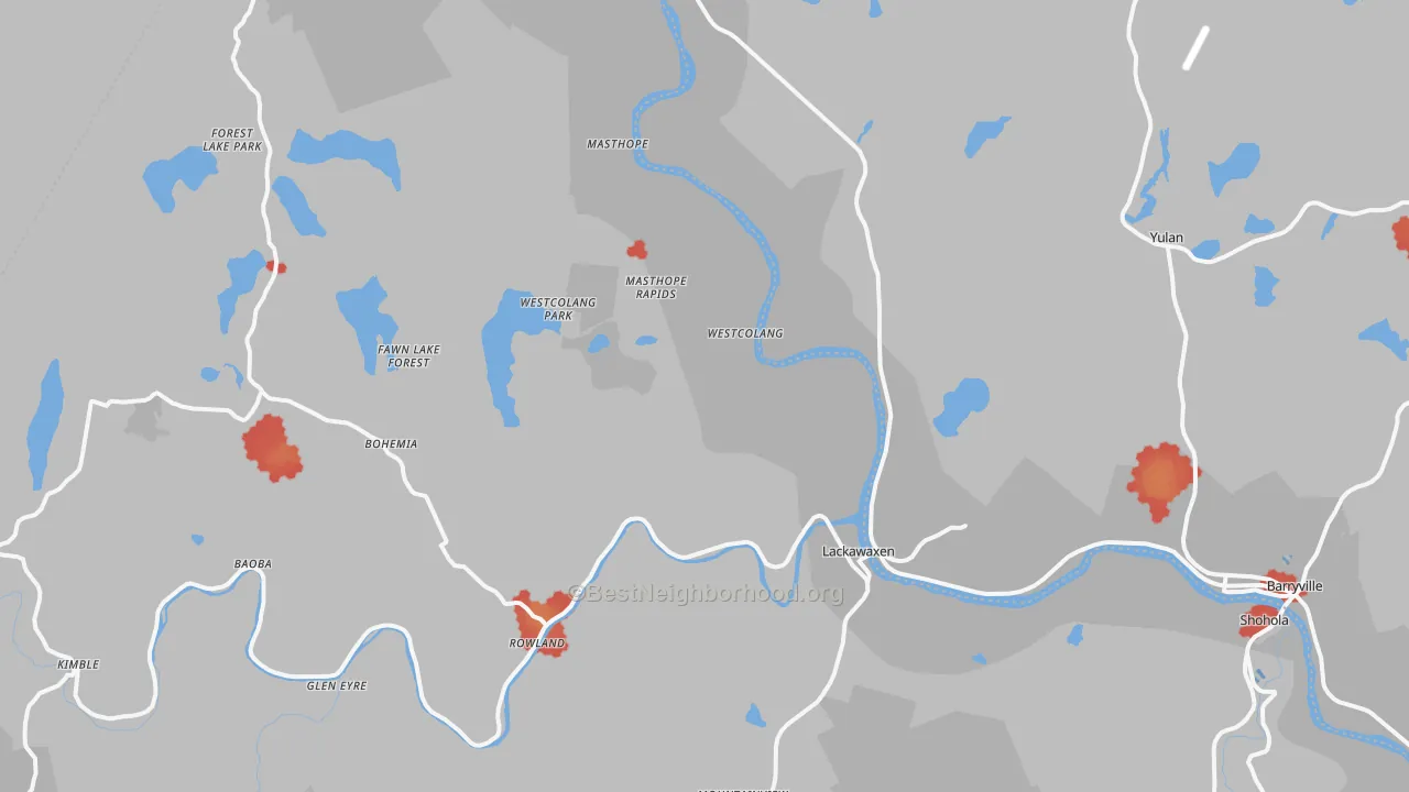 Walk Grade map of Lackawaxen, PA, walkable areas in green and car-dependent areas in red