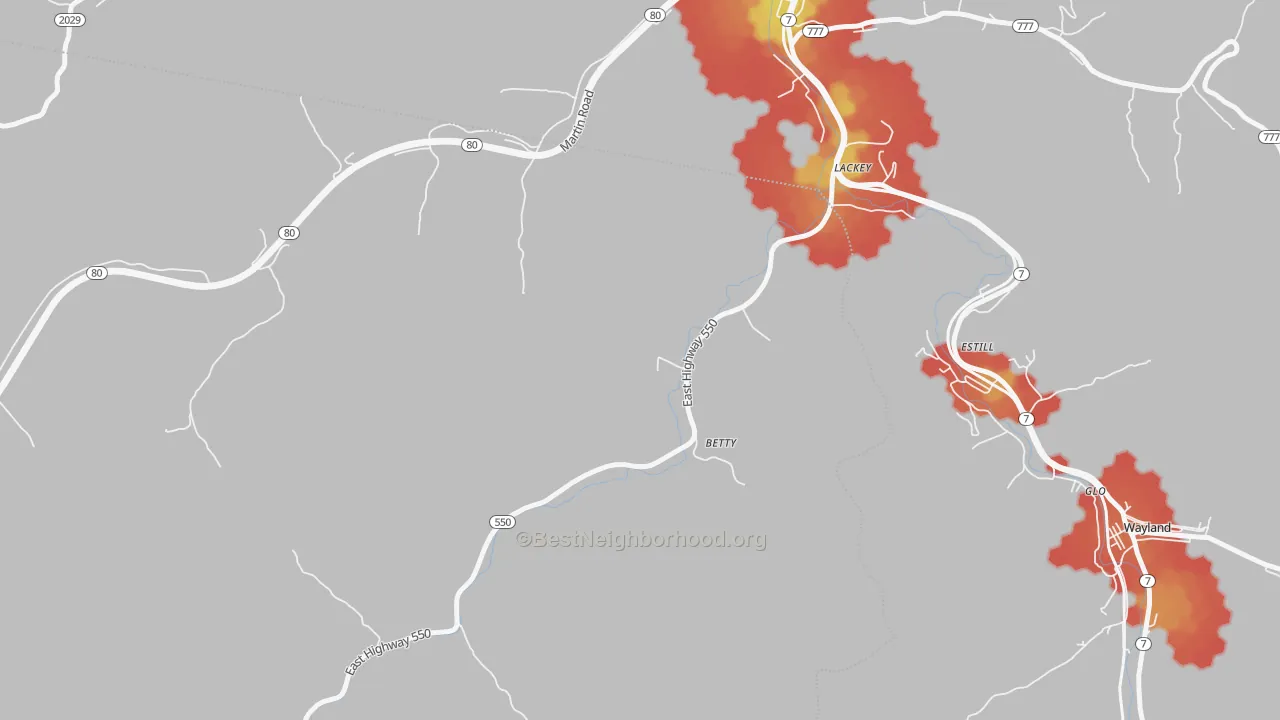 Walk Grade map of Lackey, KY, walkable areas in green and car-dependent areas in red