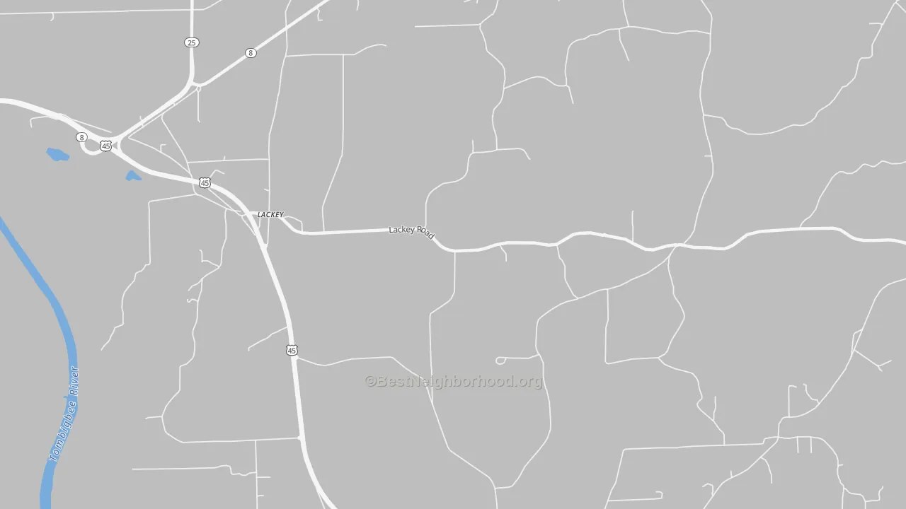 Walk Grade map of Lackey, MS, walkable areas in green and car-dependent areas in red