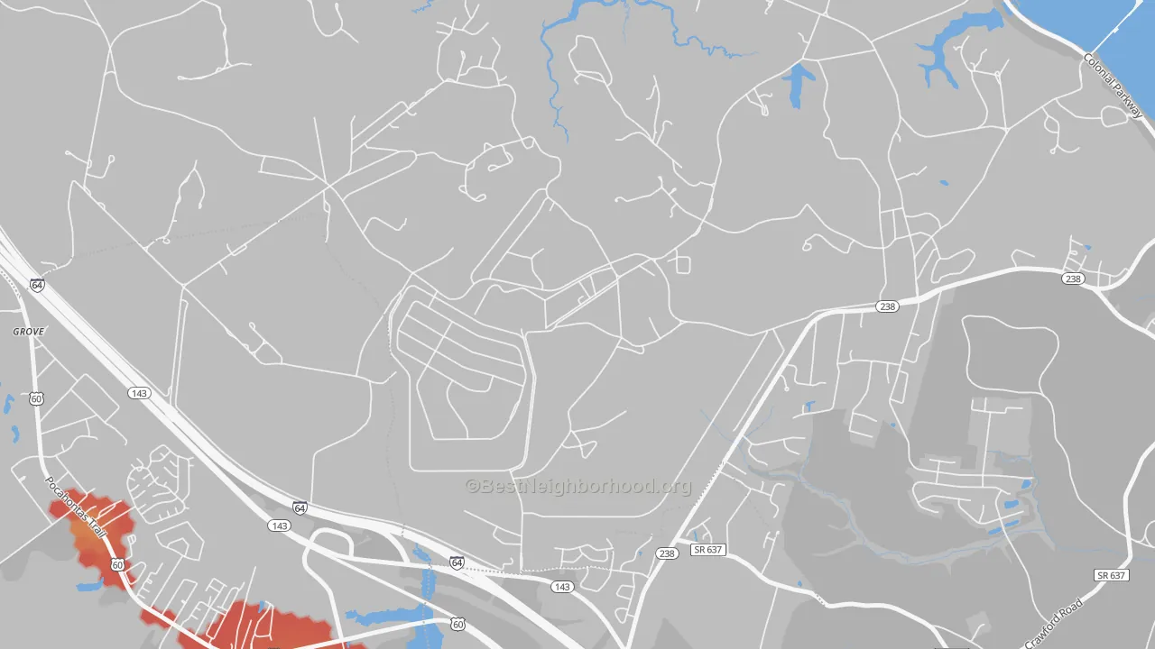 Walk Grade map of Lackey, VA, walkable areas in green and car-dependent areas in red