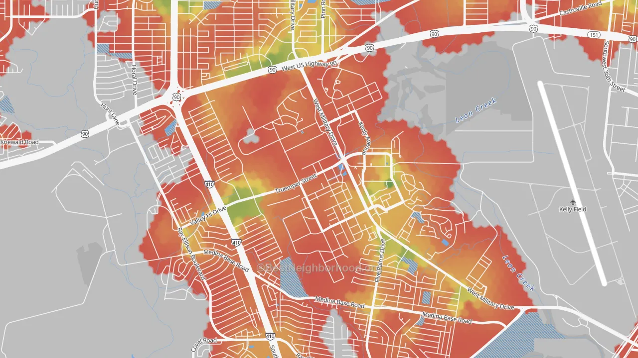 Walk Grade map of Lackland AFB, TX, walkable areas in green and car-dependent areas in red