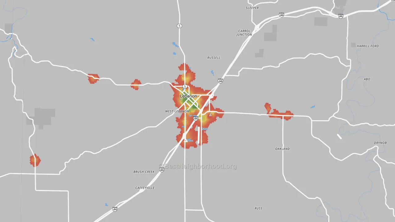 Walk Grade map of Laclede County, MO, walkable areas in green and car-dependent areas in red